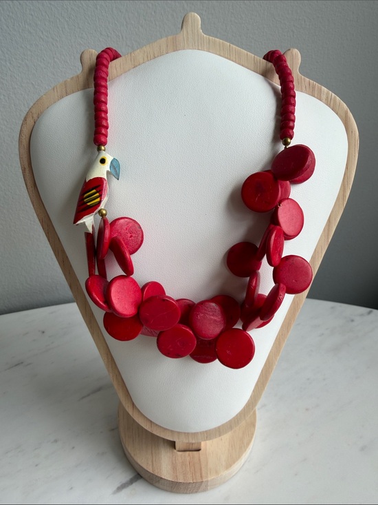Vintage Jewelry - Vintage Parrot Red Wooden Bead Necklace -Boho, Tropical, Festival